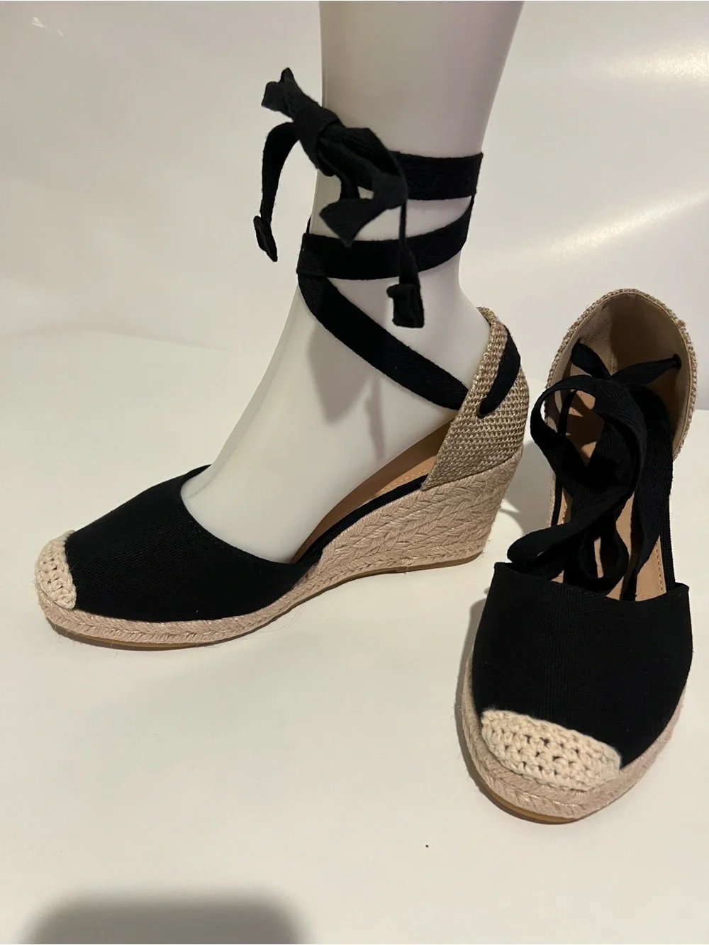 Black Espadrille Wedge Sandals with Ankle Wrap